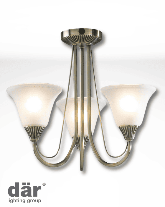 Dar Lighting Boston 3 Light Antique Brass & Opal Glass Semi Flush