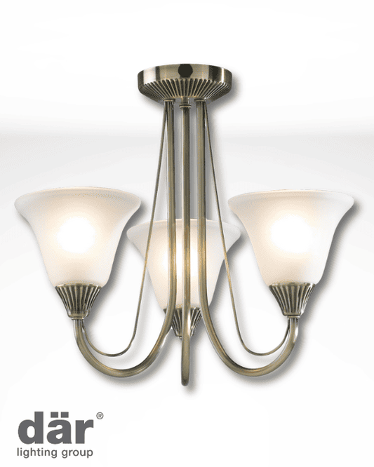 Dar Lighting Boston 3 Light Antique Brass & Opal Glass Semi Flush