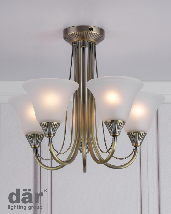 Dar Lighting Boston 5 Light Antique Brass & Opal Glass Semi Flush