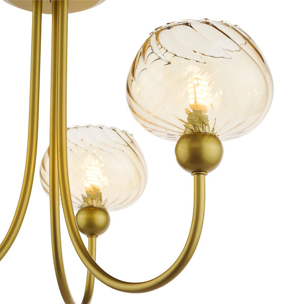 Dar Lighting Cognac 3 Light Satin Gold & Champagne Ribbed Glass Semi Flush
