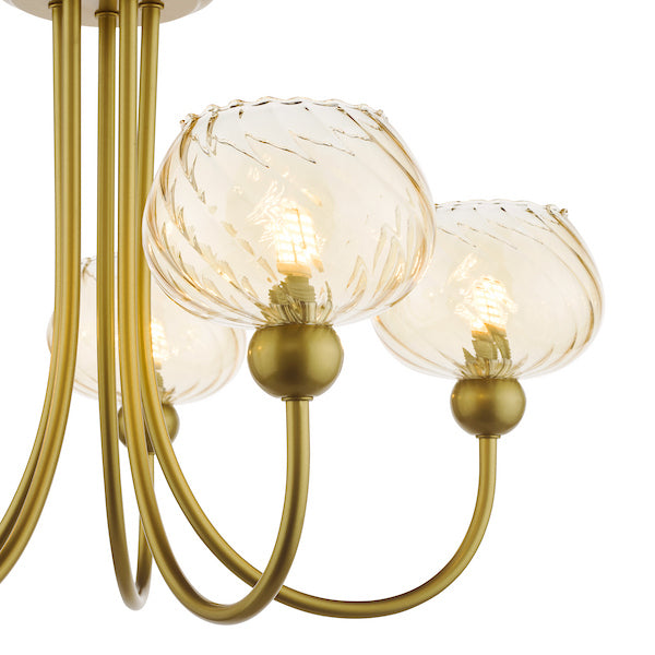 Dar Lighting Cognac 5 Light Satin Gold & Champagne Ribbed Glass Semi Flush