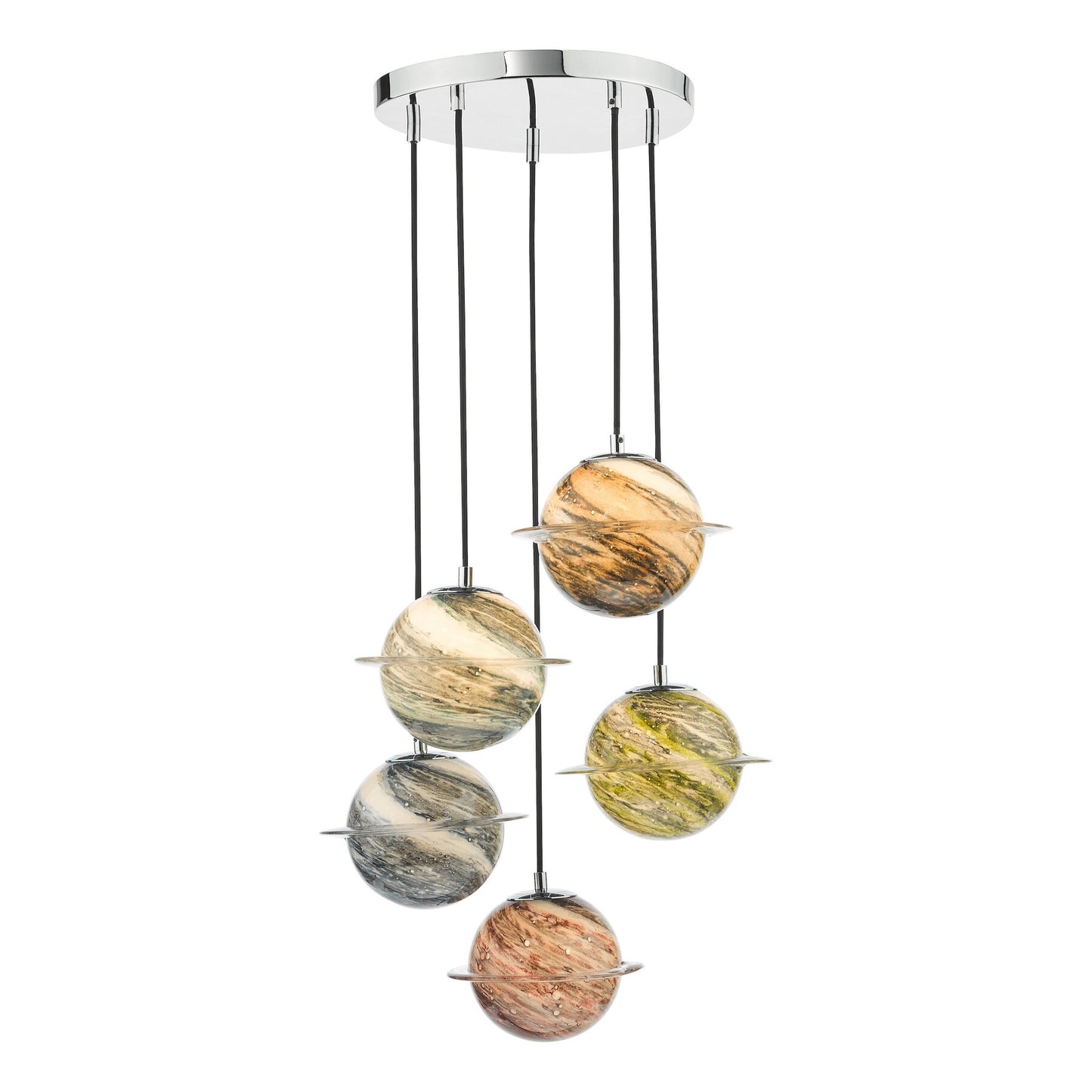 Dar Lighting Cygnus 5 Light Polished Chrome & Planet Style Glass Cluster Pendant