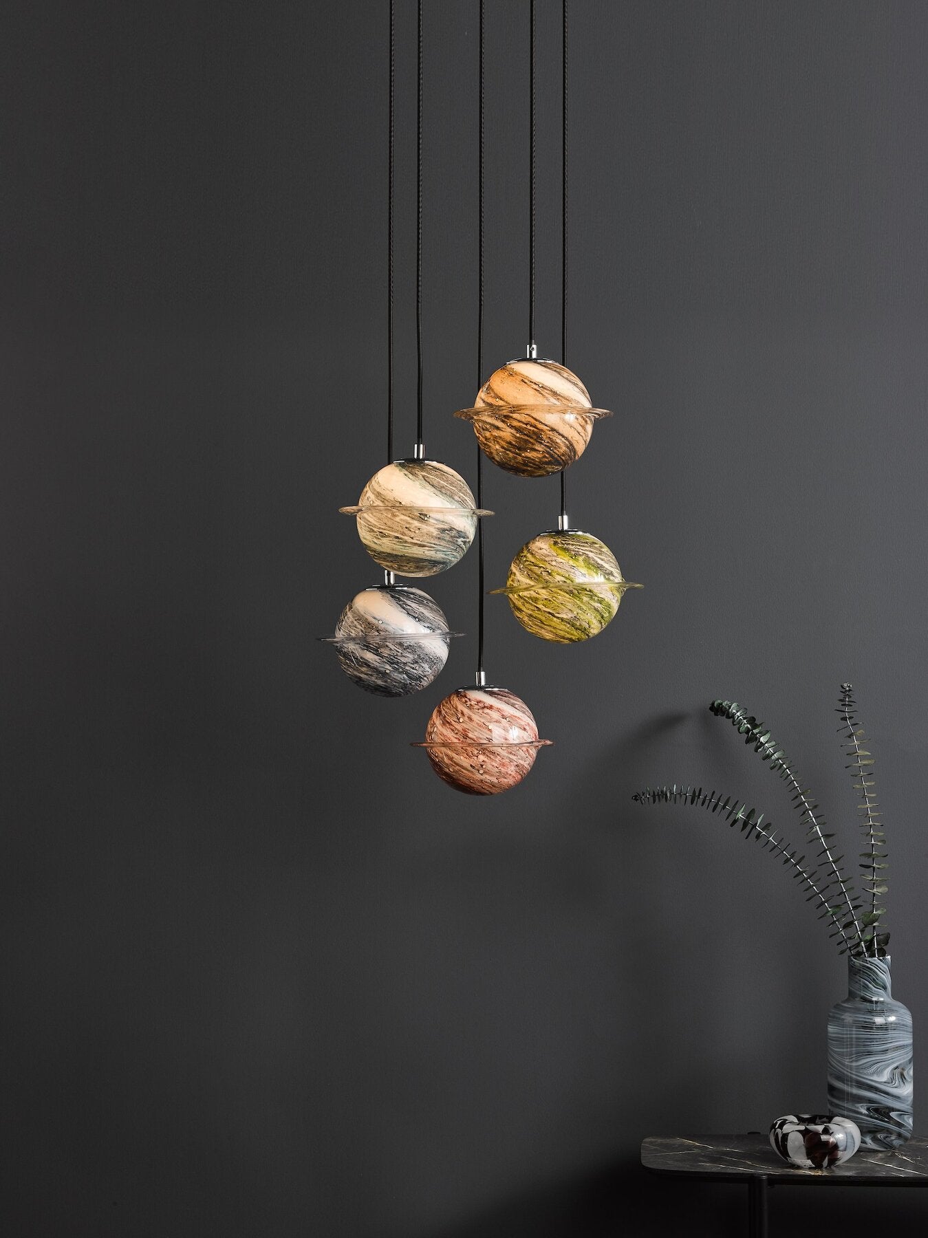 Dar Lighting Cygnus 5 Light Polished Chrome & Planet Style Glass Cluster Pendant