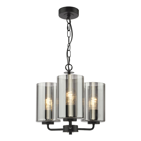 Dar Lighting Daylin 3 Light Satin Black & Smoked Ribbed Glass Pendant