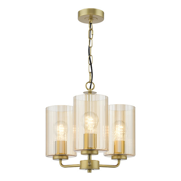 Dar Lighting Daylin 3 Light Satin Gold & Amber Ribbed Glass Pendant