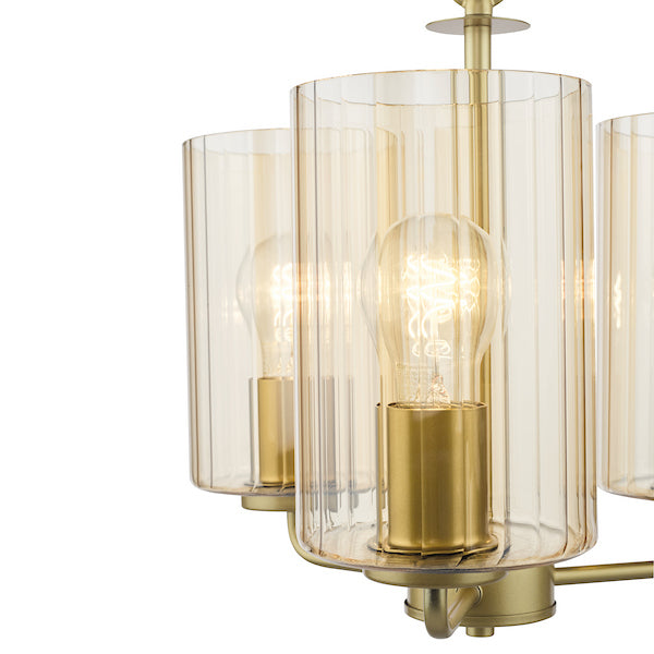 Dar Lighting Daylin 3 Light Satin Gold & Amber Ribbed Glass Pendant