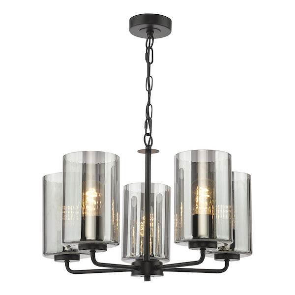 Dar Lighting Daylin 5 Light Satin Black & Smoked Ribbed Glass Pendant