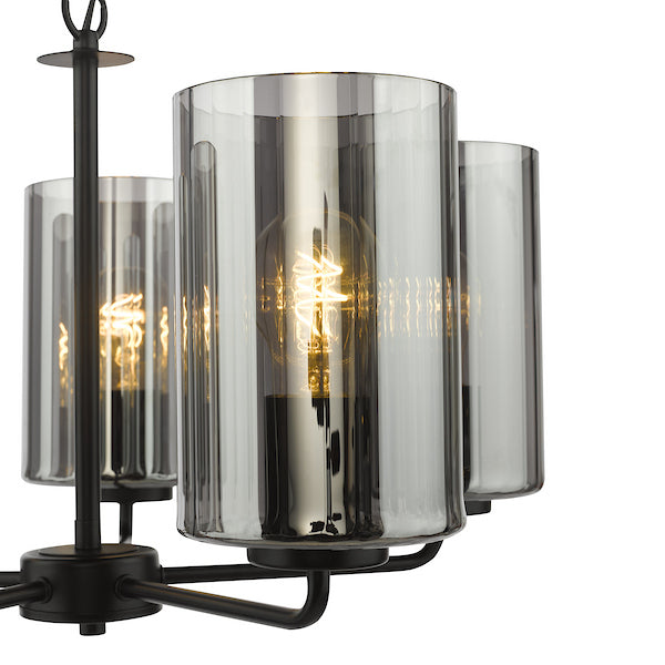 Dar Lighting Daylin 5 Light Satin Black & Smoked Ribbed Glass Pendant