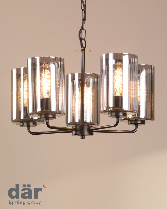 Dar Lighting Daylin 5 Light Satin Black & Smoked Ribbed Glass Pendant