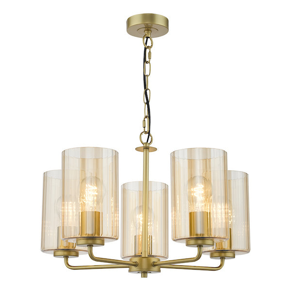 Dar Lighting Daylin 5 Light Satin Gold & Amber Ribbed Glass Pendant