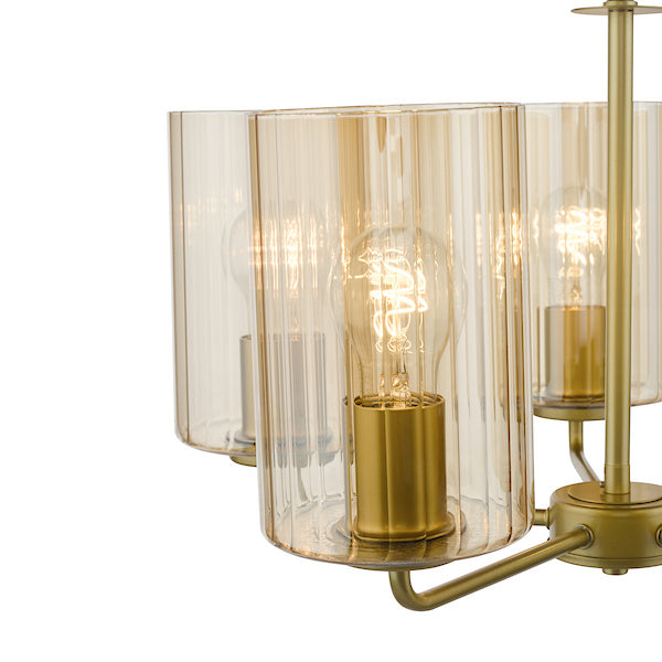 Dar Lighting Daylin 5 Light Satin Gold & Amber Ribbed Glass Pendant