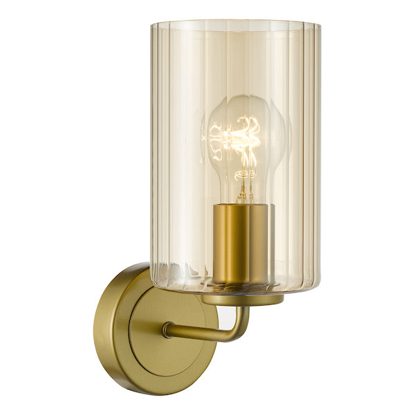 Dar Lighting Daylin Satin Gold & Amber Ribbed Glass Wall Light