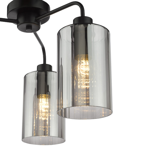 Dar Lighting Daylin 3 Light Satin Black & Smoked Ribbed Glass Semi Flush