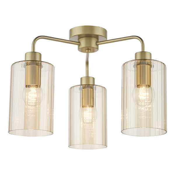 Dar Lighting Daylin 3 Light Satin Gold & Amber Ribbed Glass Semi Flush