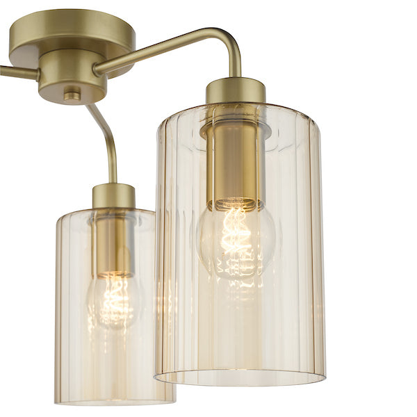 Dar Lighting Daylin 3 Light Satin Gold & Amber Ribbed Glass Semi Flush