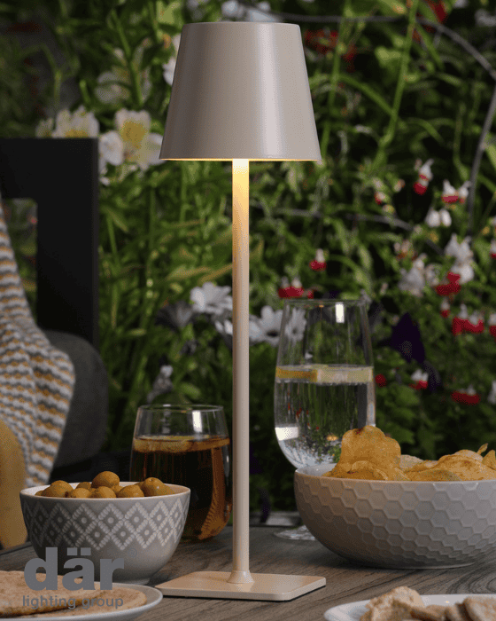 Dar Lighting Derrick LED IP54 Satin Grey Rechargeable Outdoor Table Lamp