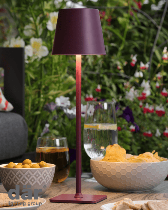 Dar Lighting Derrick LED IP54 Satin Purple Rechargeable Outdoor Table Lamp