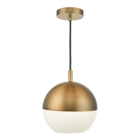 Gold dar lighting pendant light with white shade on a white background