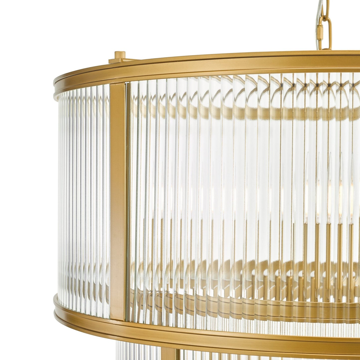 Gold and clear glass dar lighting chandelier on a white background