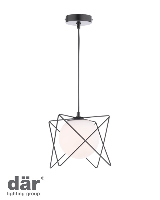 Modern pendant light with black geometric design and opal glass shades on a white background, featuring the dar lighting group logo.