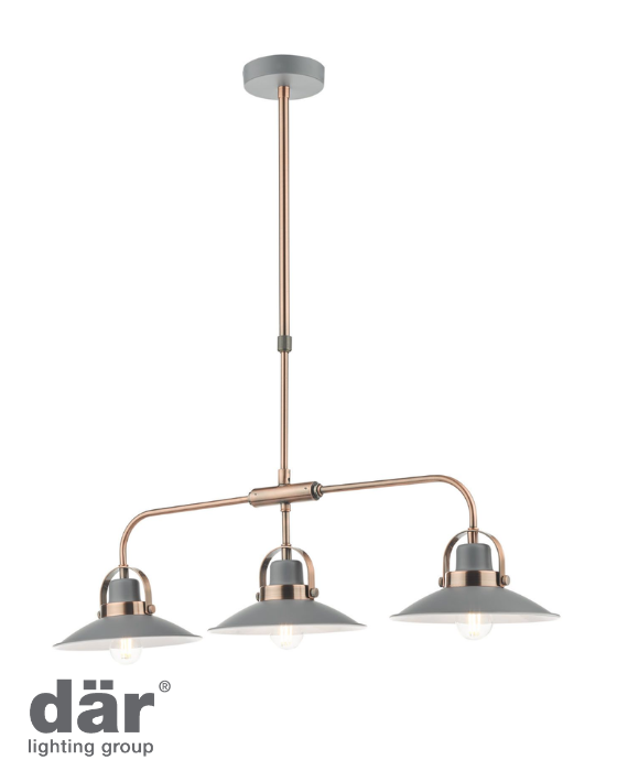 Dar Lighting stylish three light bar pendant in graphite with copper bar and details on white background. Logo on bottom left.