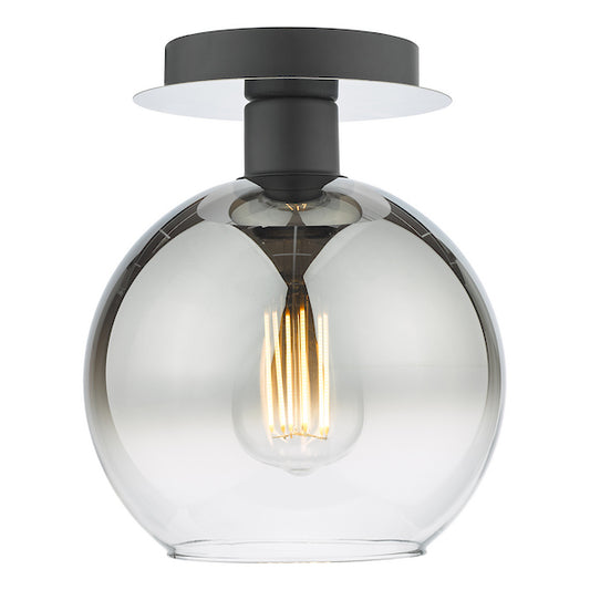 Ceiling light fixture with smoked glass shade and black metal fixture on a white background