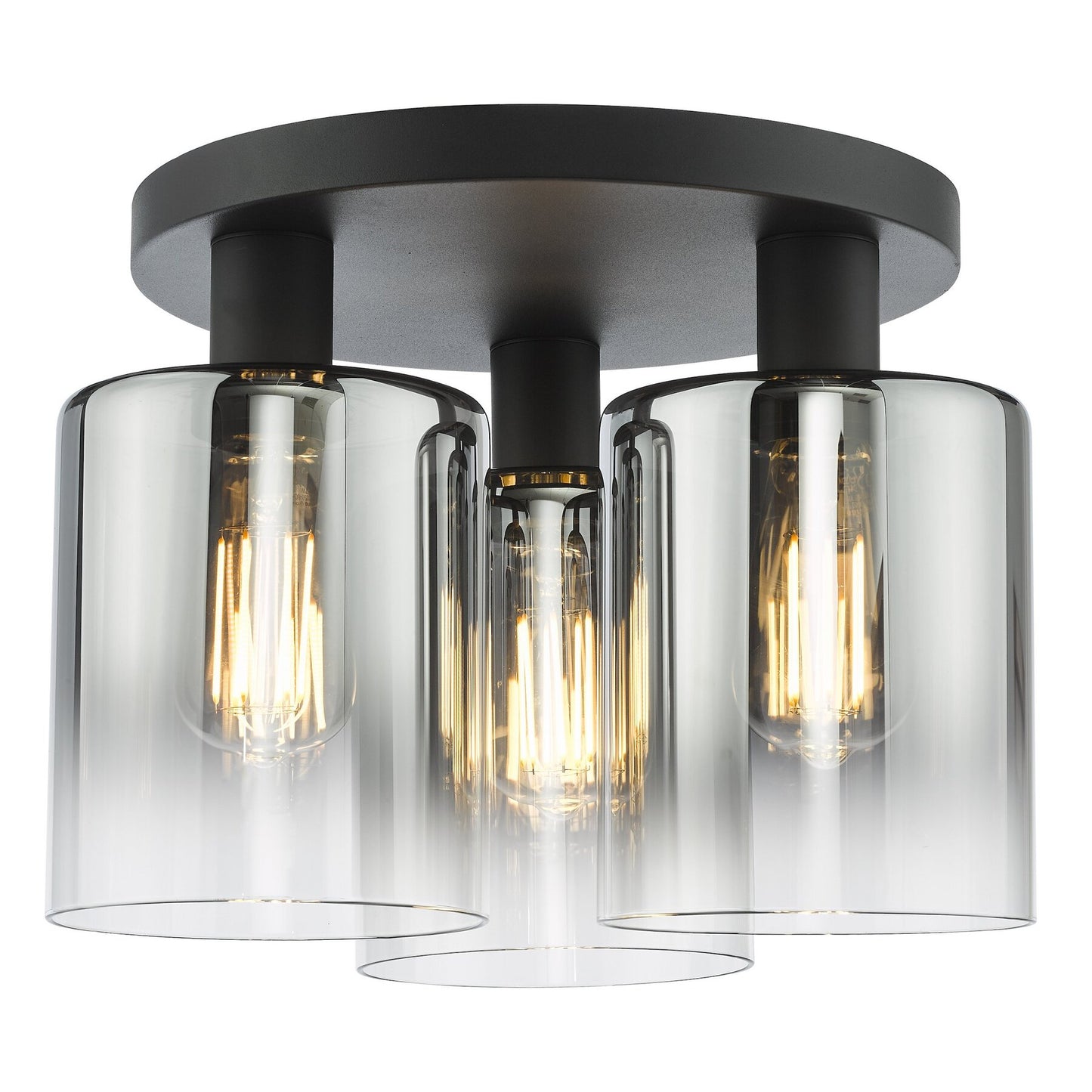 Modern dar lighting ceiling light fixture with three clear glass shades and black metal frame on a white background