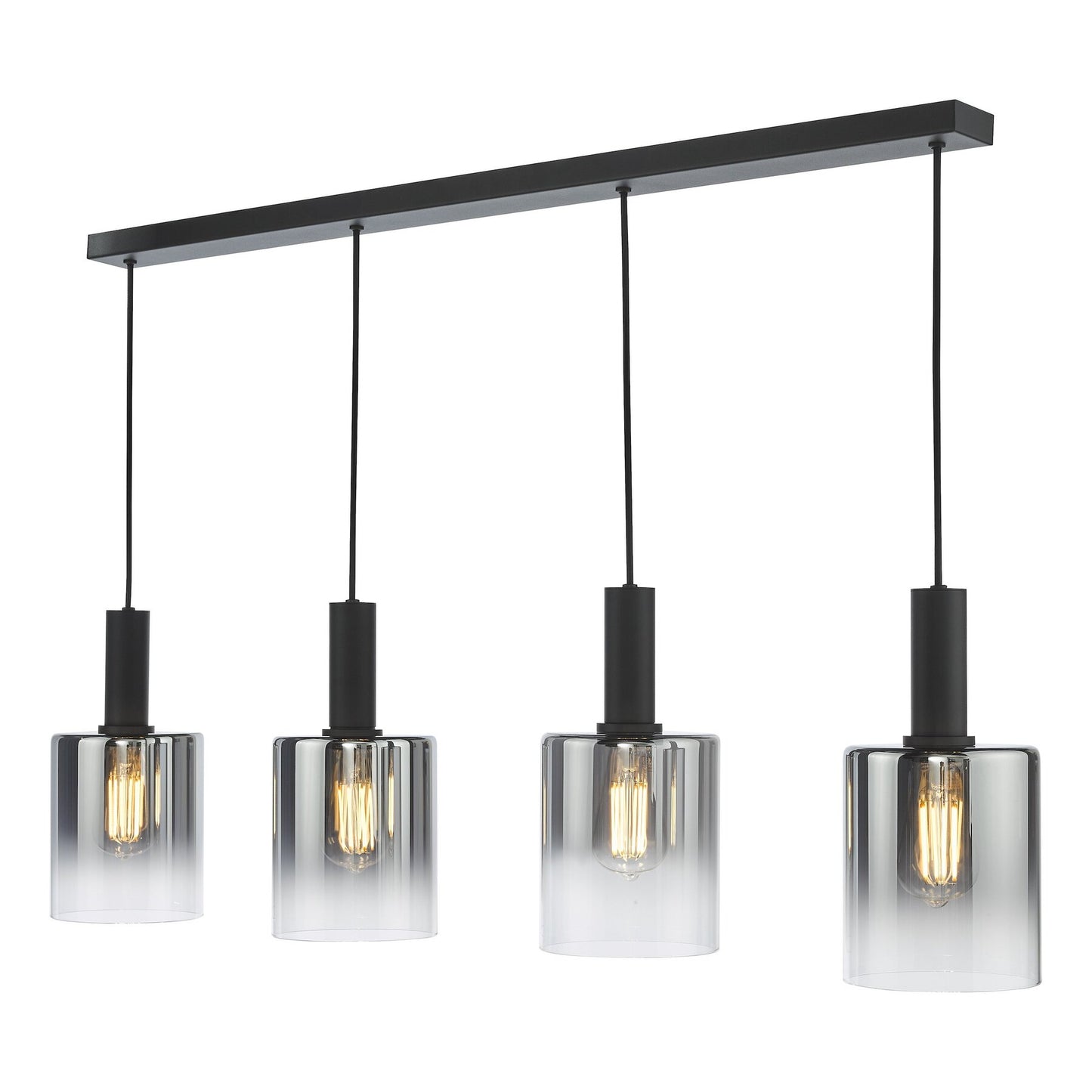 Modern dar lighting pendant light fixture with four glass shades on a white background