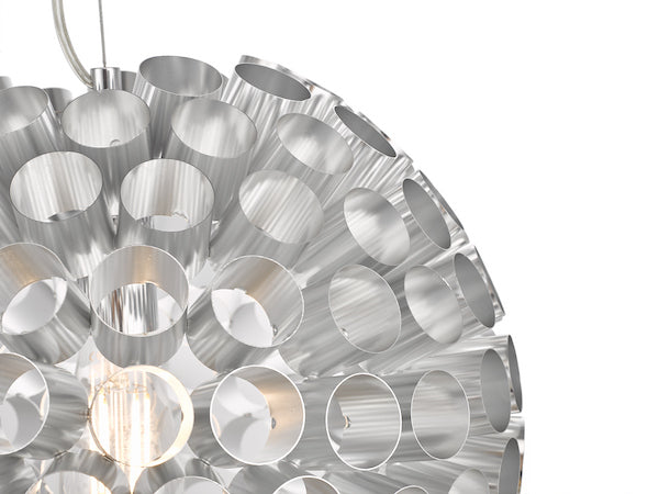 Metallic chrome pendant light with cylindrical design on a white background
