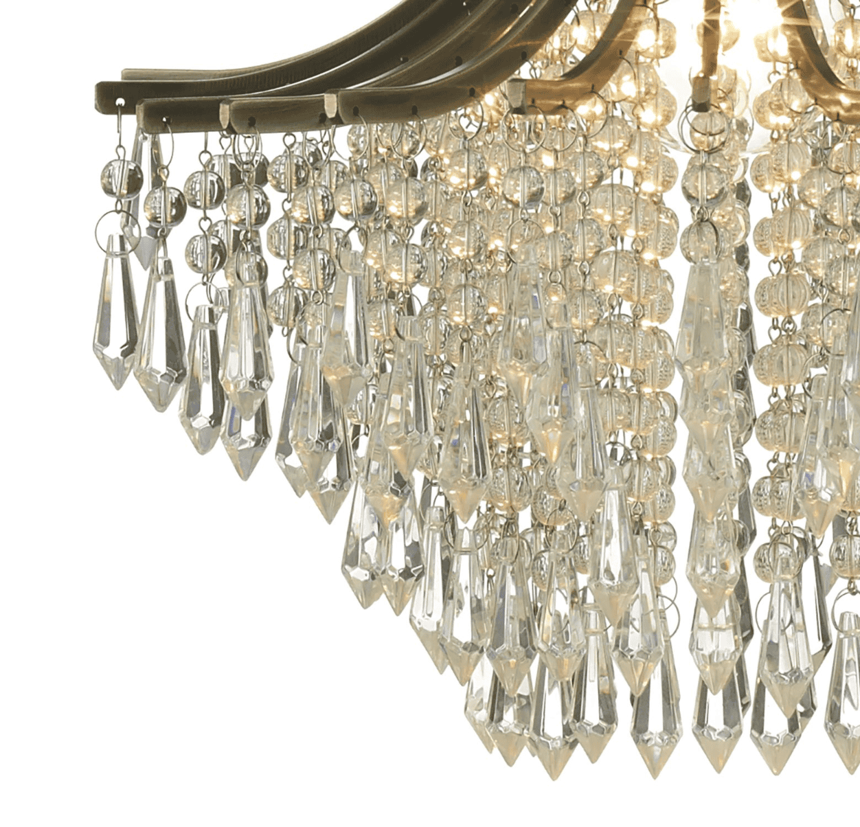 Close-up of a crystal dar lighting chandelier with clear and gold accents on a white background