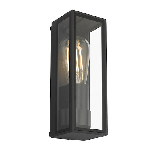 Black outdoor dar lighting wall light fixture with clear glass cover on a white background