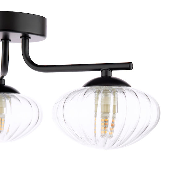 Dar Lighting Ede 3 Light Matt Black & Glass Semi Flush