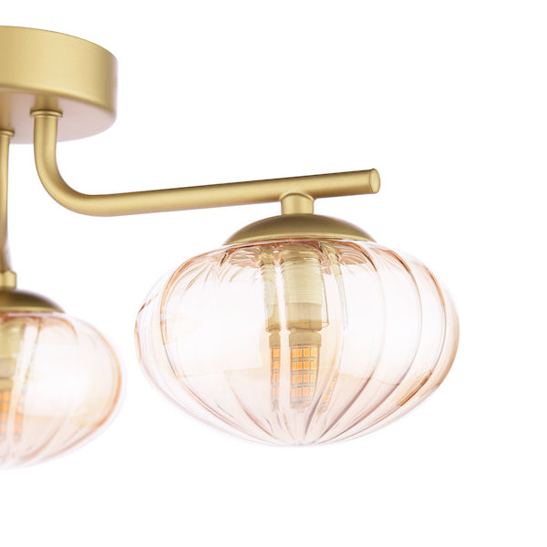 Dar Lighting Ede 3 Light Satin Gold & Amber Glass Semi Flush