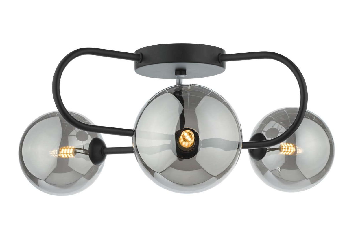 Dar Lighting Eissa 3 Light Matt Black & Smoked Glass Semi Flush