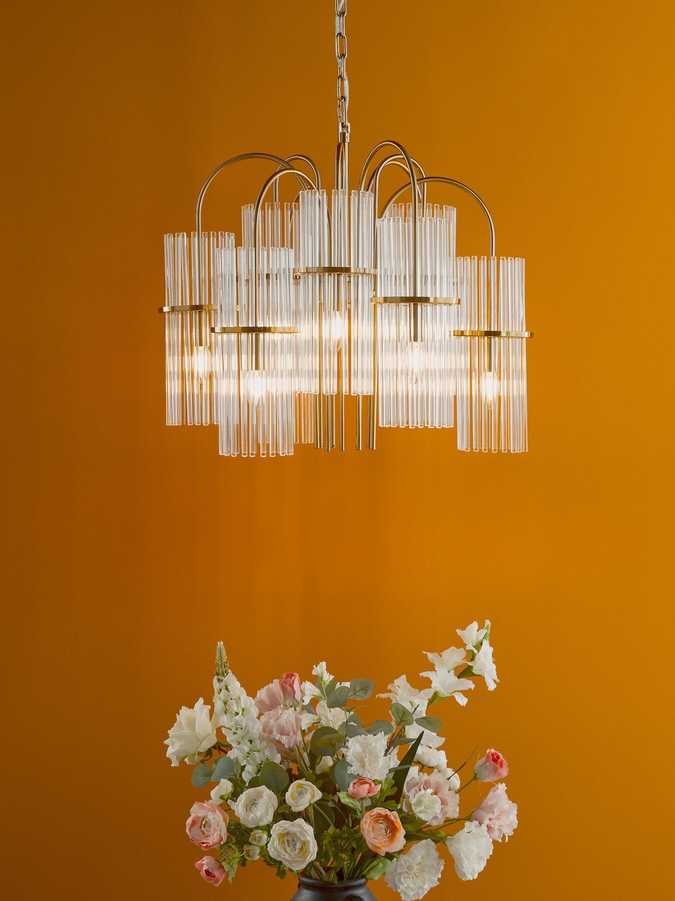 Dar Lighting Eniola 9 Light Pendant Natural Brass and Glass
