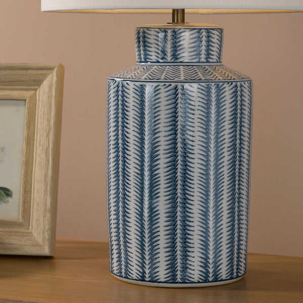 Dar Lighting Ennio Blue Ceramic & Antique Brass Table Lamp With Linen Shade