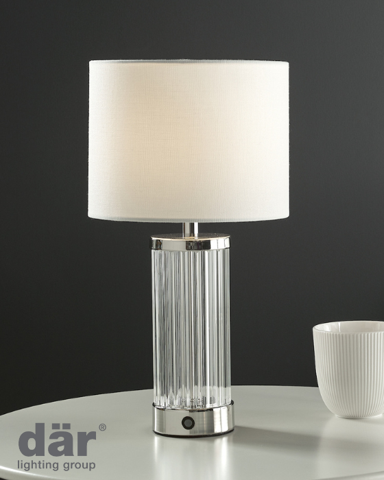Dar Lighting Enrico LED Polished Nickel & Glass Rechargeable Table Lamp With Shade