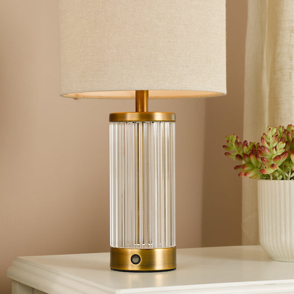 Dar Lighting Enrico Rechargeable LED Antique Bronze & Ribbed Glass Table Lamp With Linen Shade
