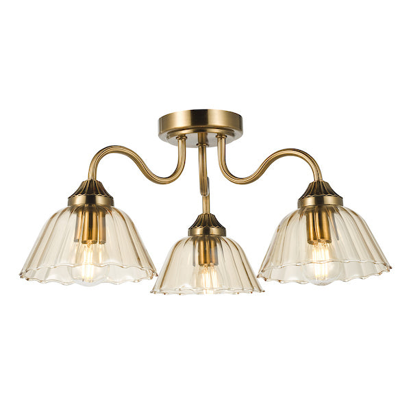Dar Lighting Erika 3 Light Antique Bronze & Amber Glass Semi Flush