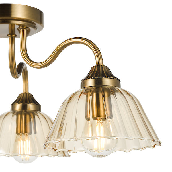 Dar Lighting Erika 3 Light Antique Bronze & Amber Glass Semi Flush