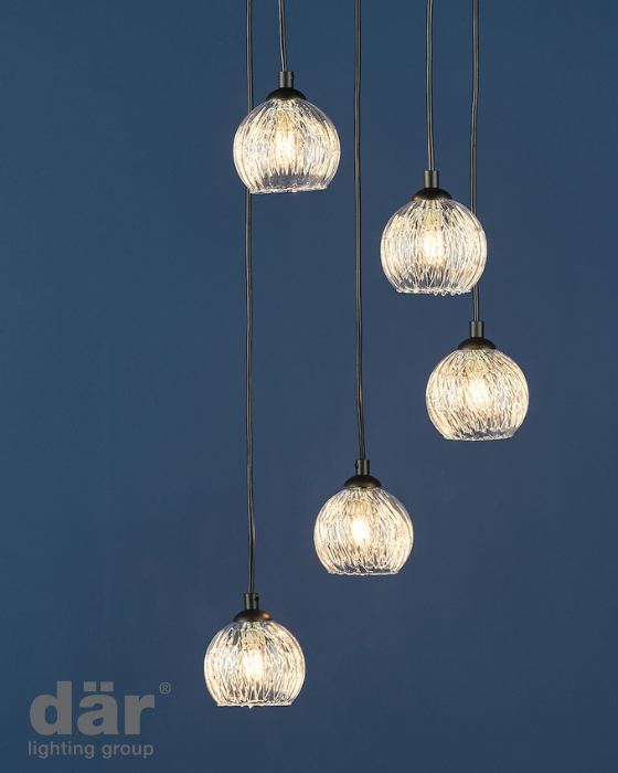 Dar Lighting Federico 5 Light Black & Clear/Wire Glass Cluster Pendant