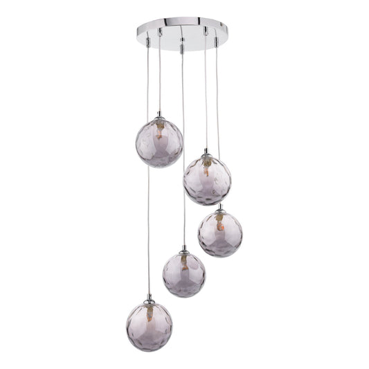 Dar Lighting Federico 5 Light Polished Chrome & Smoked Dimpled Glass Cluster Pendant