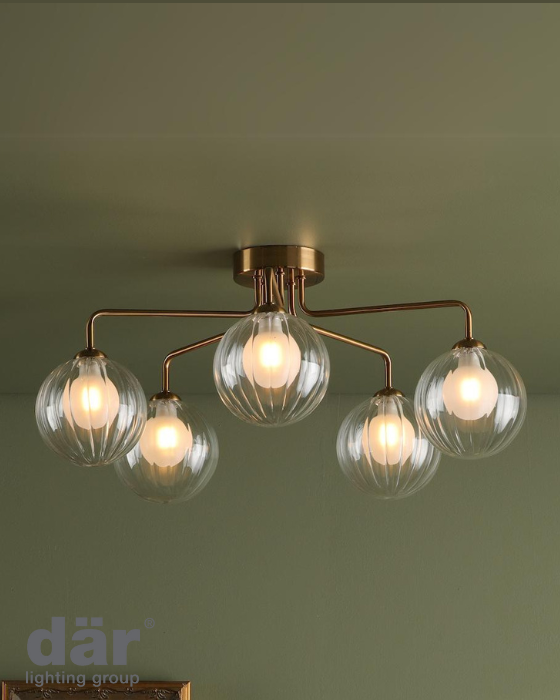 Dar Lighting Feya 5 Light Antique Bronze & Clear/Opal Glass Semi Flush