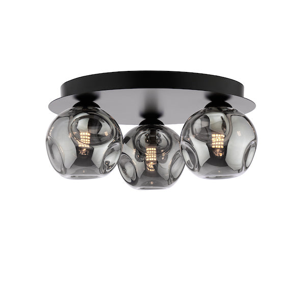 Dar Lighting Foley 3 Light Matt Black Flush With Closed Organic Smoked Glass