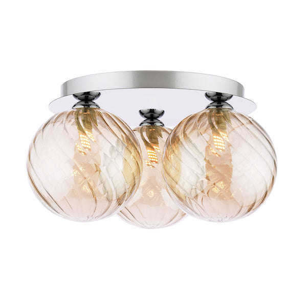 Dar Lighting Foley 3 Light Polished Chrome Flush With Twisted Amber Glass