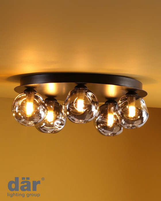 Dar Lighting Foley 5 Light Matt Black Flush With Closed Organic Smoked Glass
