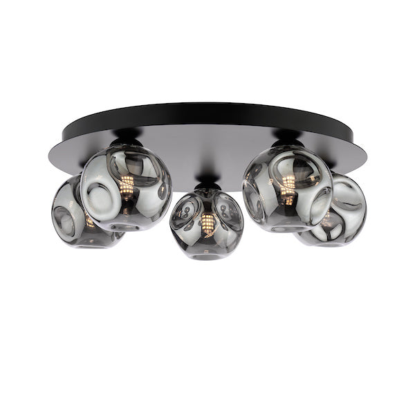 Dar Lighting Foley 5 Light Matt Black Flush With Closed Organic Smoked Glass