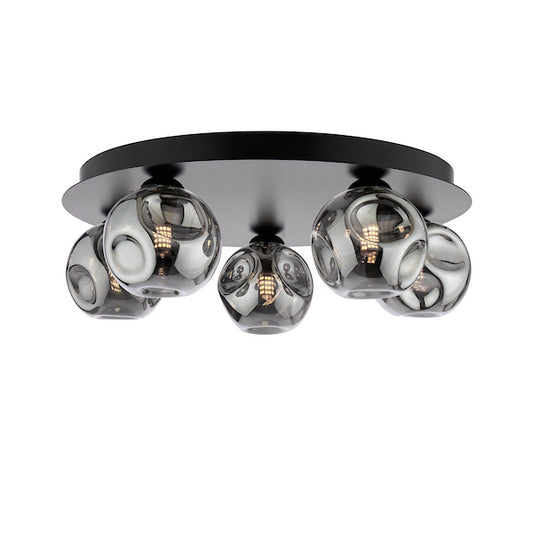 Dar Lighting Foley 5 Light Matt Black Flush With Closed Organic Smoked Glass