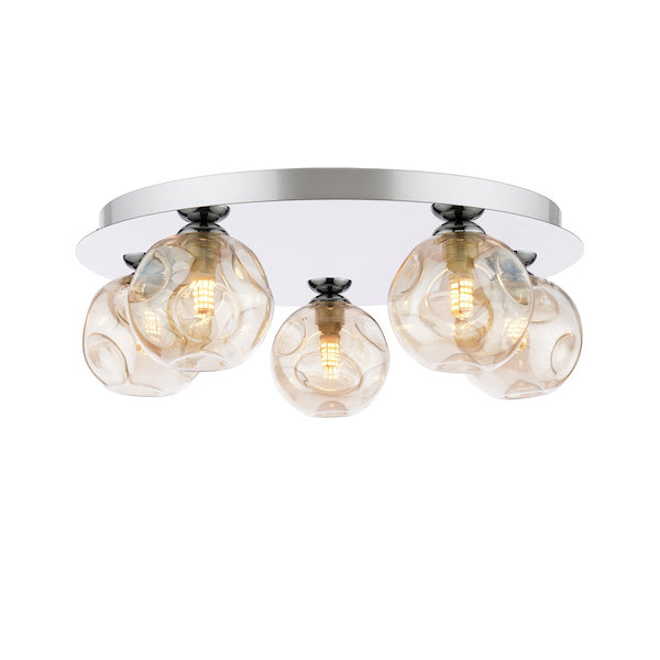 Dar Lighting Foley 5 Light Polished Chrome Flush With Closed Organic Amber Glass