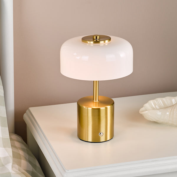 Dar Lighting Gidget LED Rechargeable Natural Brass & Opal Glass Table Lamp